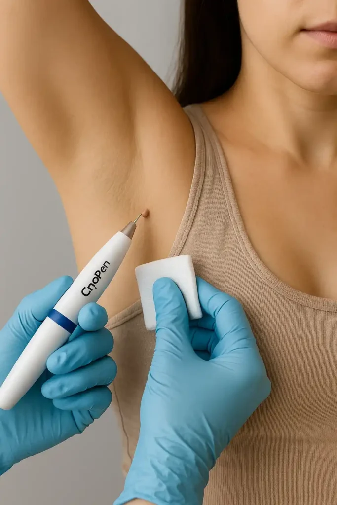 woman having cryopen to remove underarm skin tags Uttoxeter