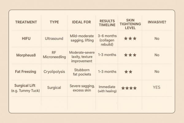 Table showing the comparisons of Skin tightening Uttoxeter treatment options.